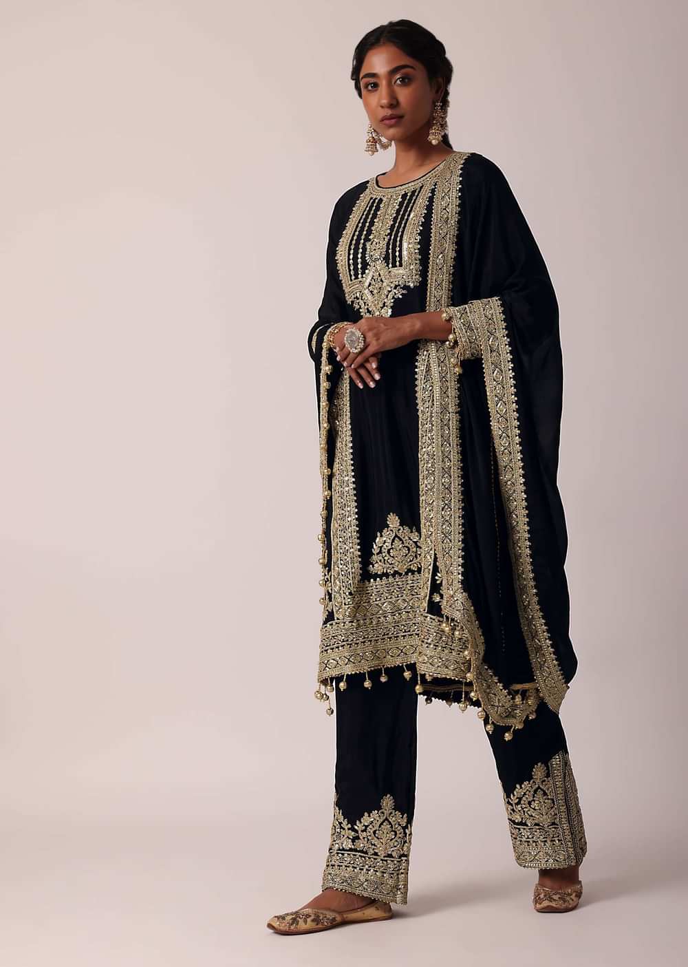 Black Pant Set In Chiffon With Zardozi Work Kurta