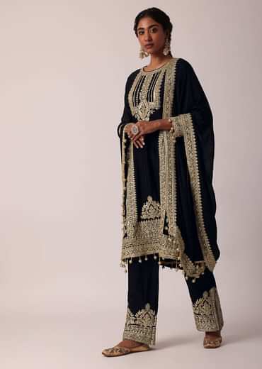Black Pant Set In Chiffon With Zardozi Work Kurta