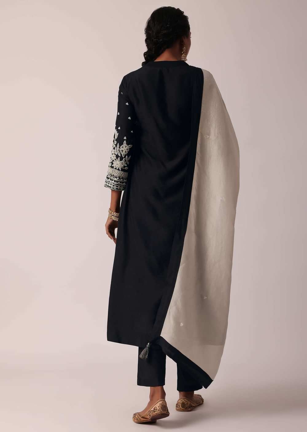 Black Pant Set With Pearl Embroidered Kurta