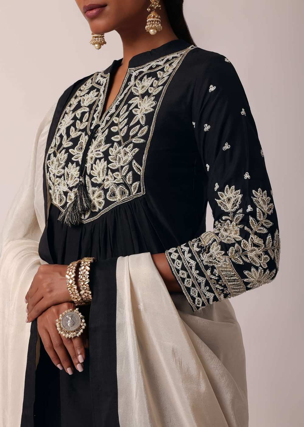 Black Pant Set With Pearl Embroidered Kurta