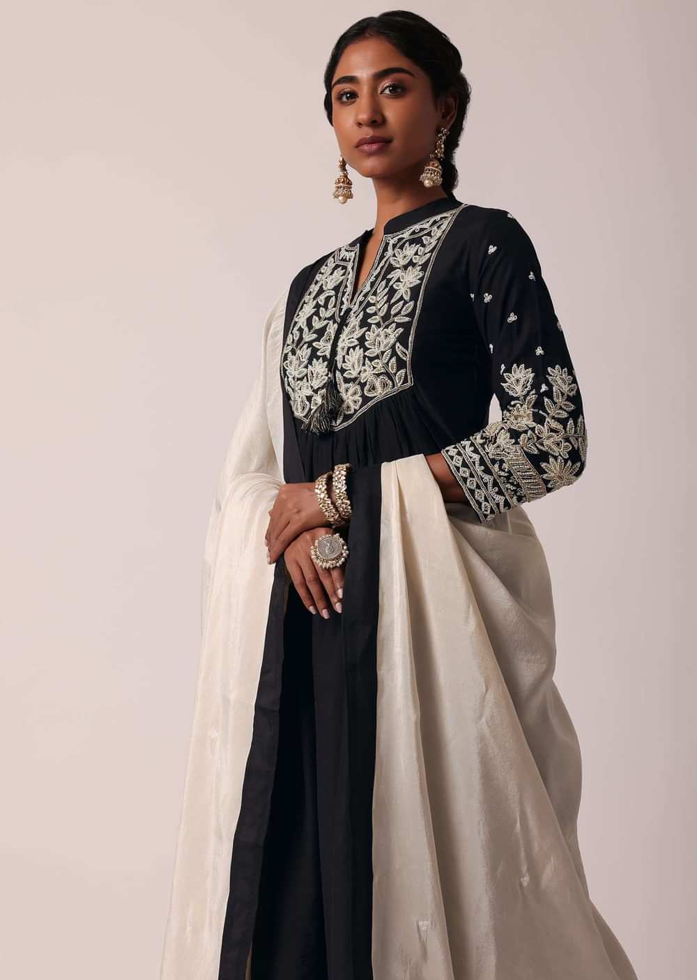 Black Pant Set With Pearl Embroidered Kurta