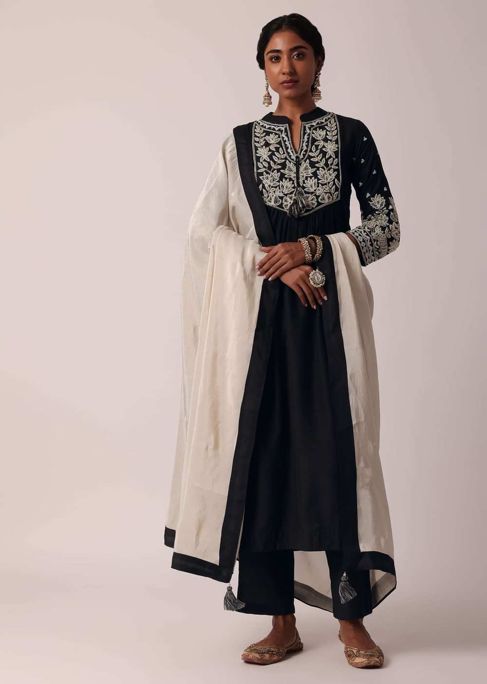 Black Pant Set With Pearl Embroidered Kurta