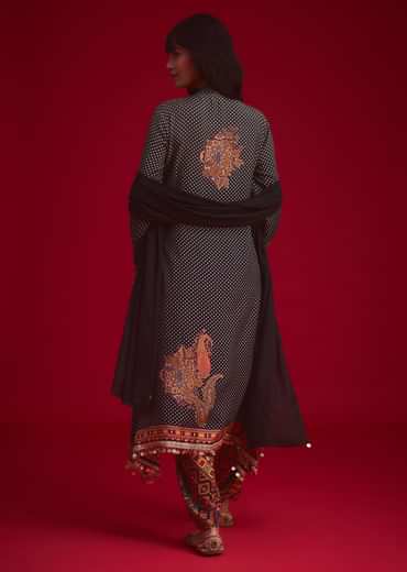 Black Polka Dot Printed Kurta Patiala Set With Pouch Bag