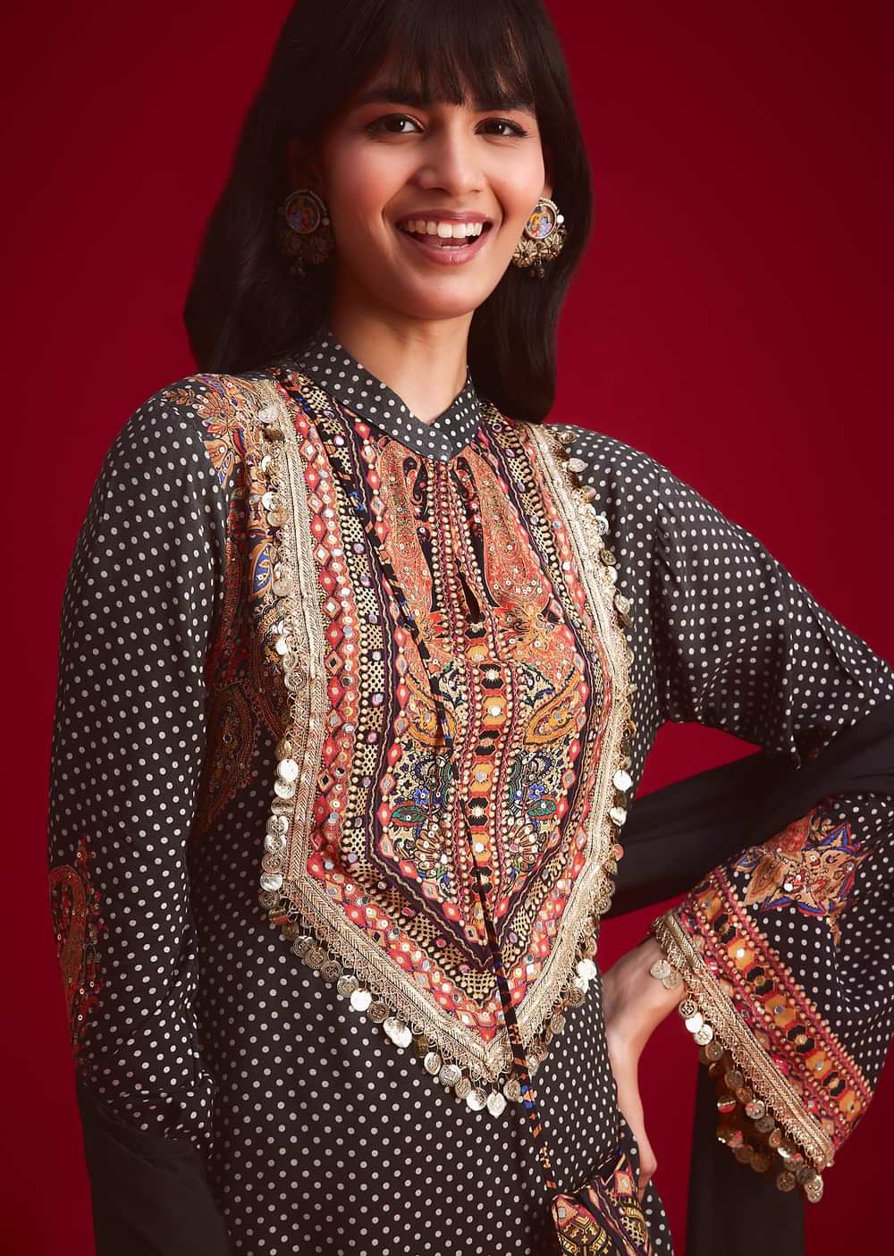 Black Polka Dot Printed Kurta Patiala Set With Pouch Bag