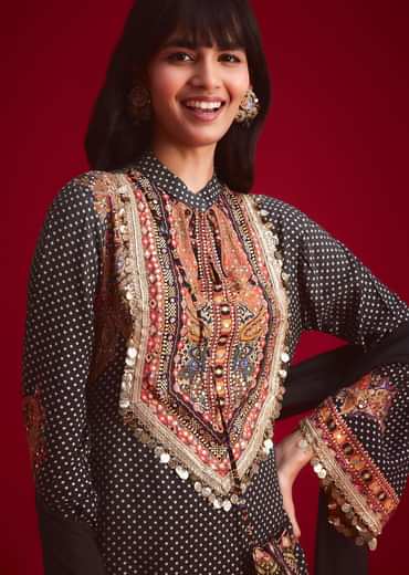 Black Polka Dot Printed Kurta Patiala Set With Pouch Bag