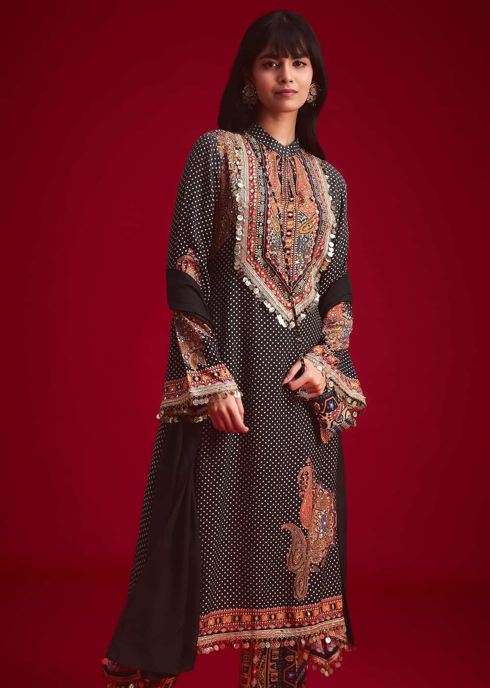 Black Polka Dot Printed Kurta Patiala Set With Pouch Bag