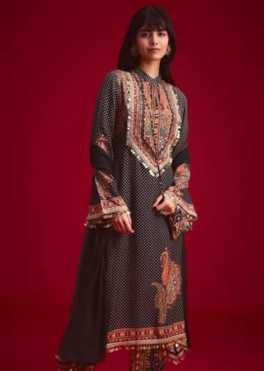 Black Polka Dot Printed Kurta Patiala Set With Pouch Bag