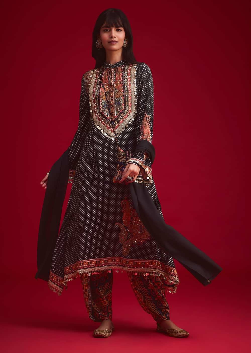Black Polka Dot Printed Kurta Patiala Set With Pouch Bag
