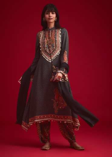 Black Polka Dot Printed Kurta Patiala Set With Pouch Bag