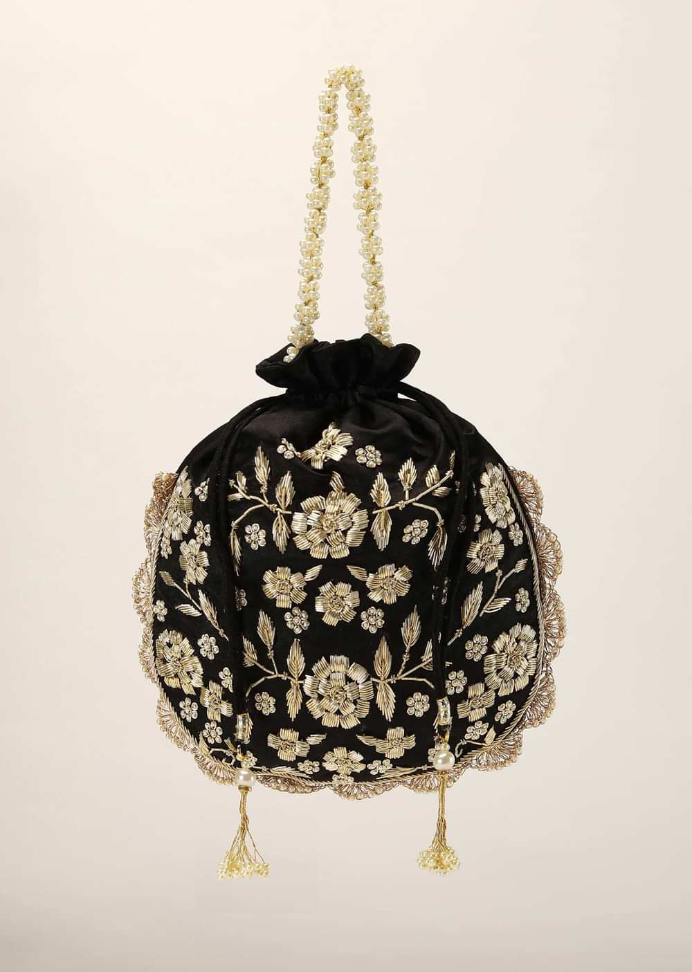 Black Potli In Satin With Hand Embroidery Detailing Using Zardosi And Moti Embroidered Floral Design