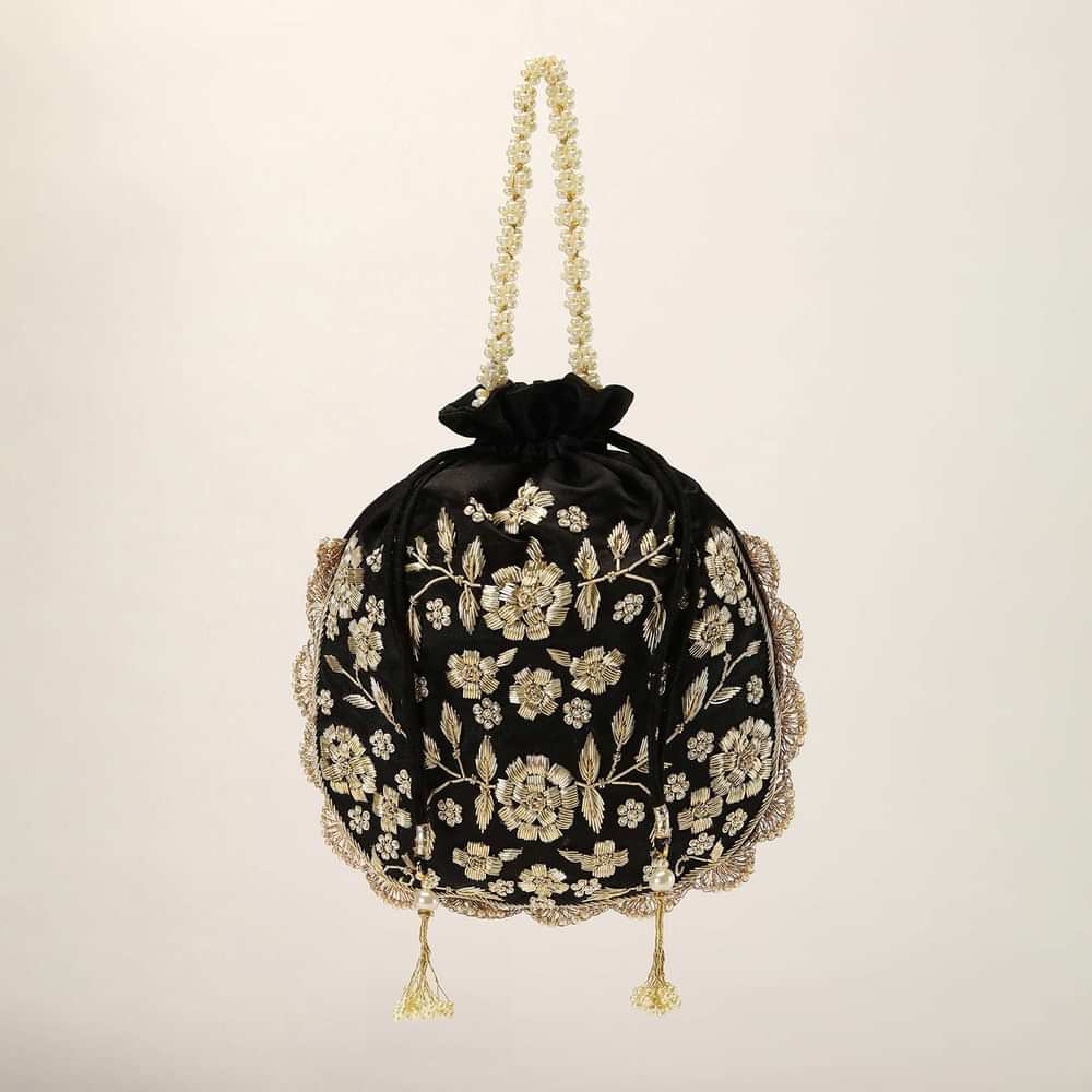 Black Potli In Satin With Hand Embroidery Detailing Using Zardosi And Moti Embroidered Floral Design