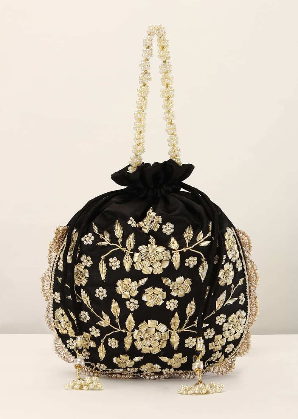 Black Potli In Satin With Hand Embroidery Detailing Using Zardosi And Moti Embroidered Floral Design