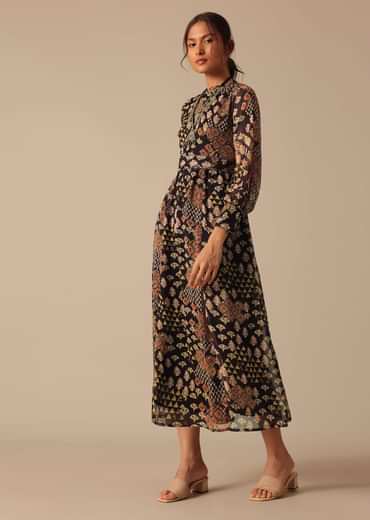 Black Printed Flared Kurta With Belt