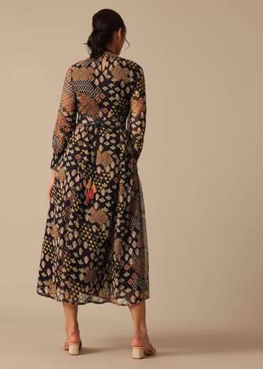 Black Printed Flared Kurta With Belt