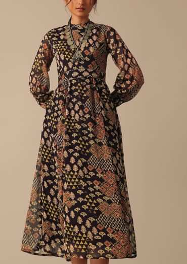 Black Printed Flared Kurta With Belt