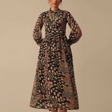 Black Printed Flared Kurta With Belt
