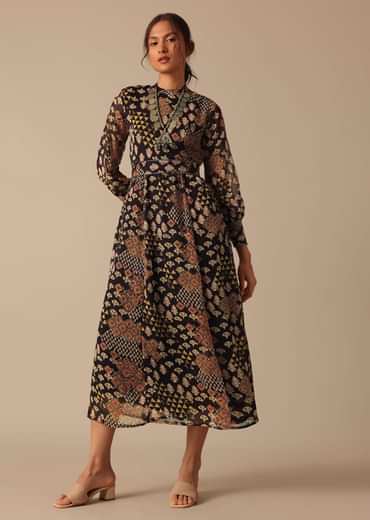 Black Printed Flared Kurta With Belt