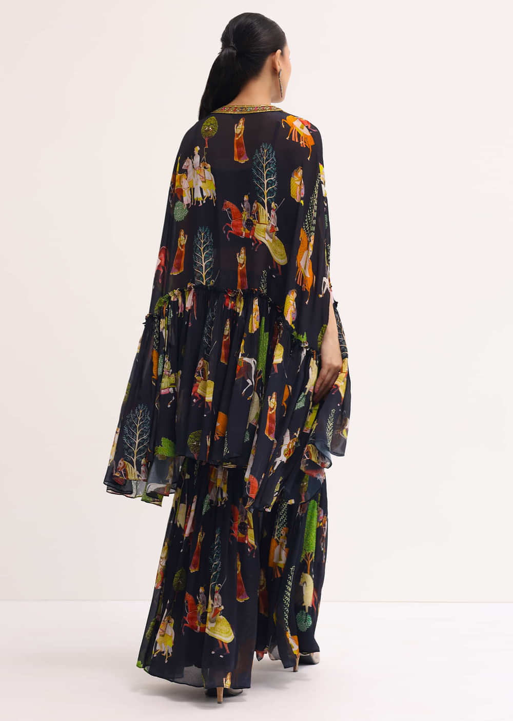 Black Printed Georgette Crop Top And Sharara Set