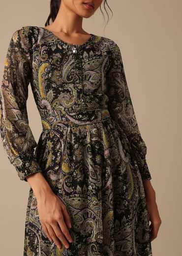 Black Printed Kurta in Chiffon With Belt