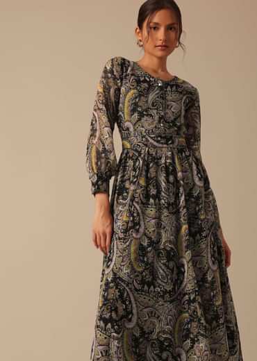 Black Printed Kurta in Chiffon With Belt