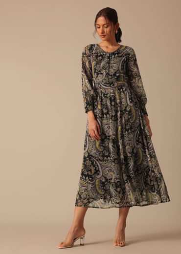 Black Printed Kurta in Chiffon With Belt