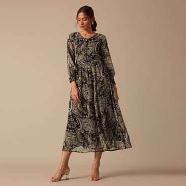 Black Printed Kurta in Chiffon With Belt