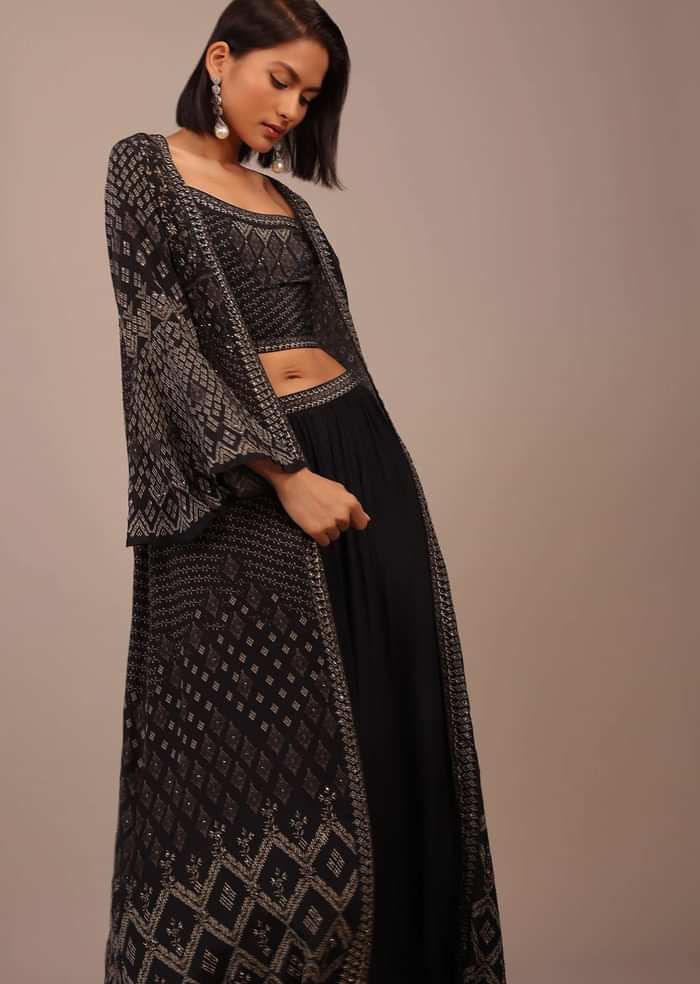 Black Printed Palazzo Suit With Stone Work In Crepe