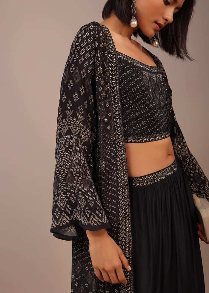 Black Printed Palazzo Suit With Stone Work In Crepe
