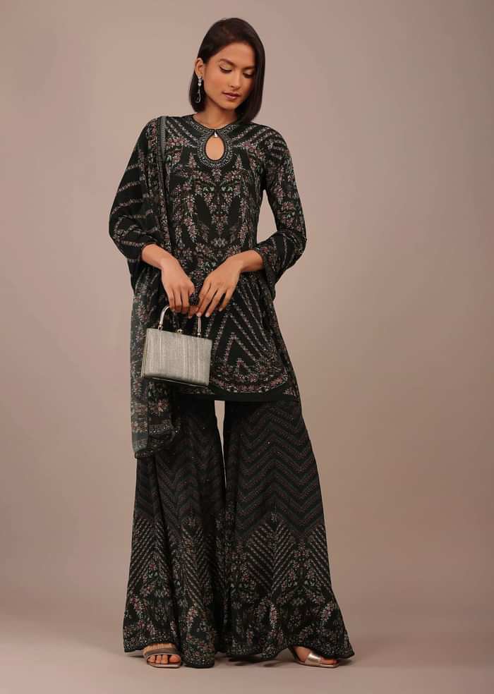 Black Printed Sharara Suit With Stone Work In Crepe