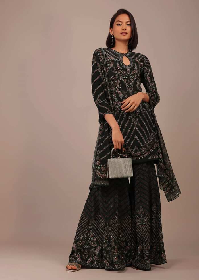 Black Printed Sharara Suit With Stone Work In Crepe