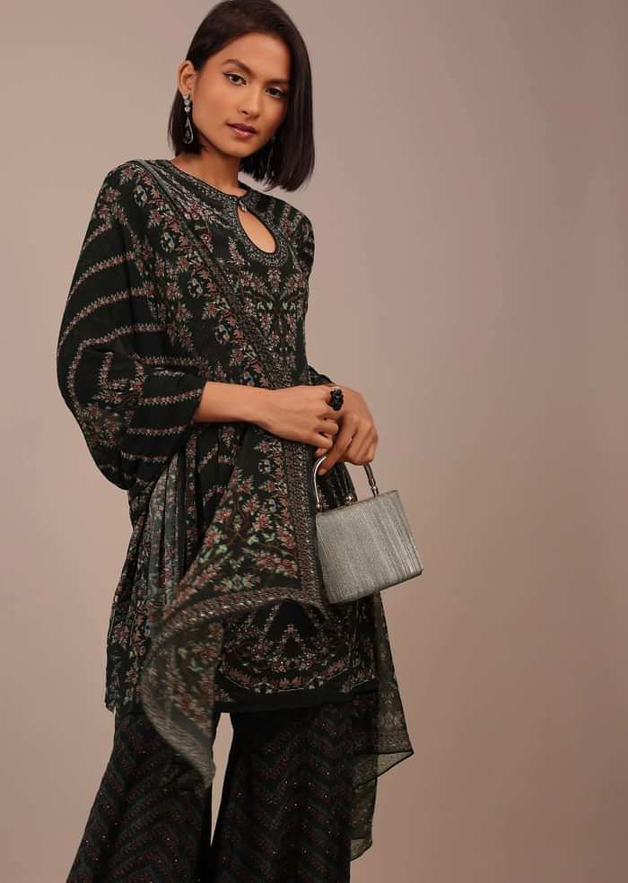 Black Printed Sharara Suit With Stone Work In Crepe