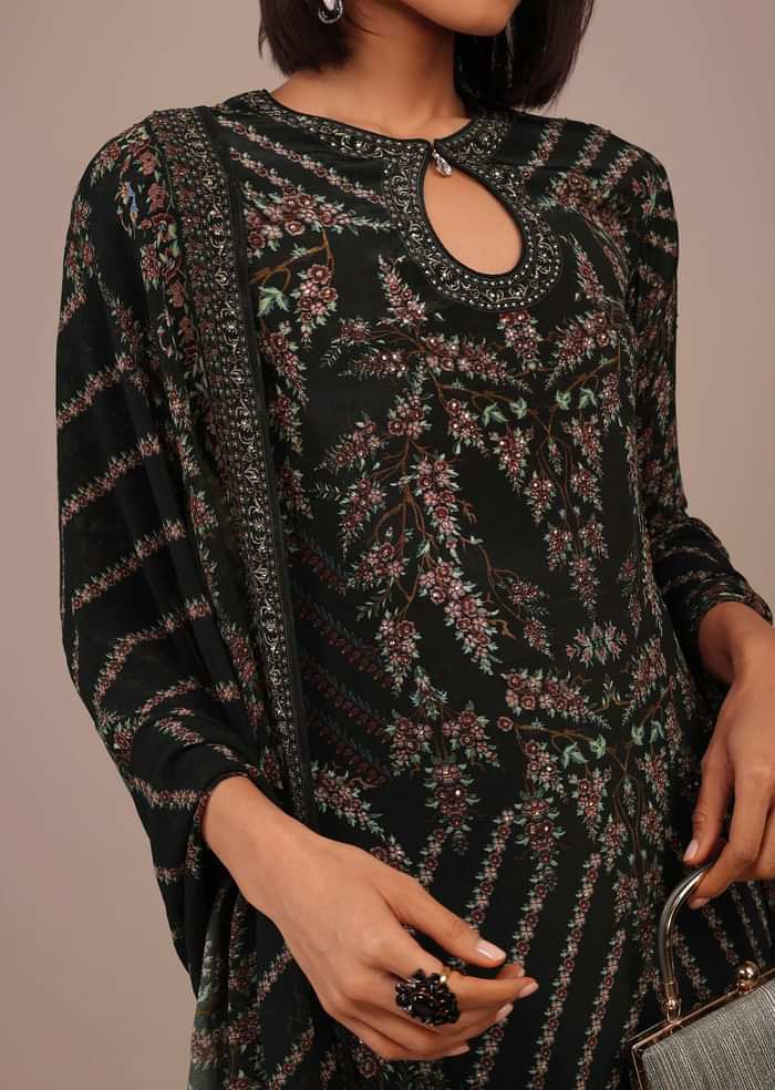 Black Printed Sharara Suit With Stone Work In Crepe