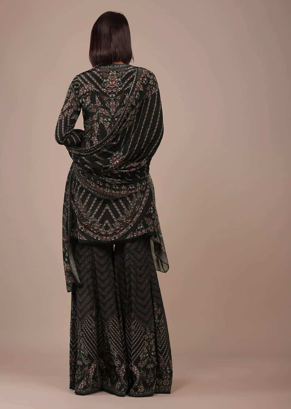 Black Printed Sharara Suit With Stone Work In Crepe