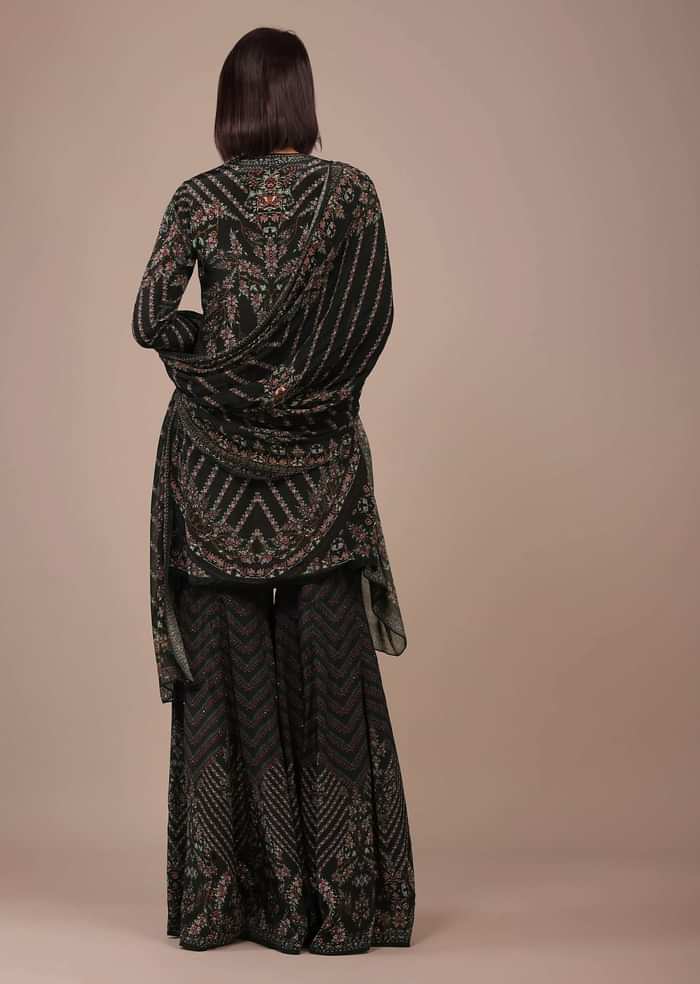 Black Printed Sharara Suit With Stone Work In Crepe