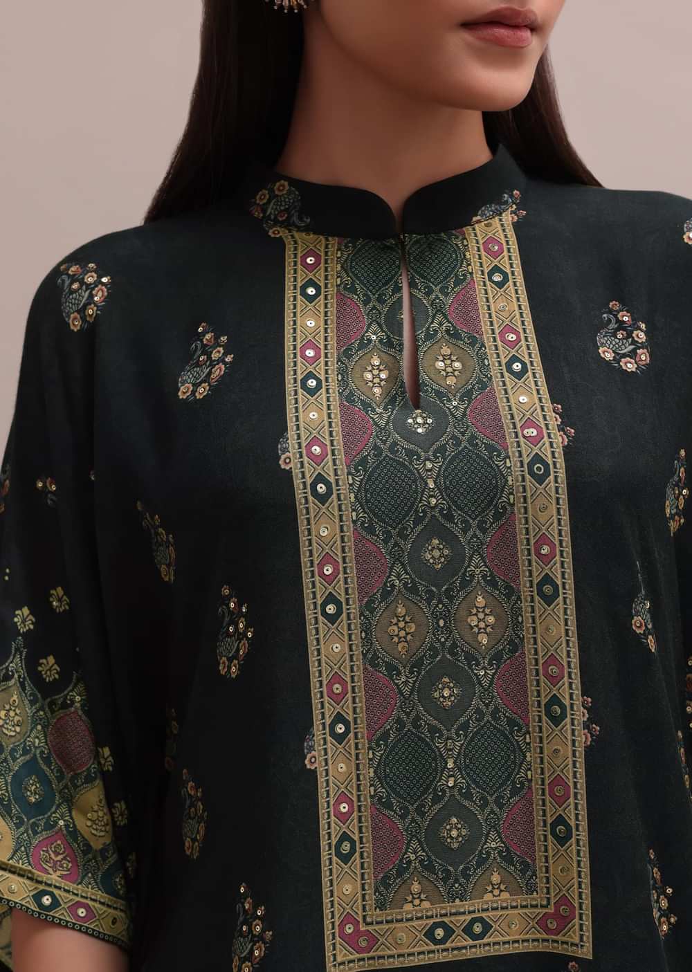 Black Printed Silk Kaftan And Palazzo Co-ord Set With Sequins Embroidery