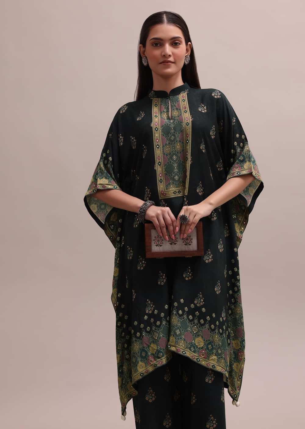 Black Printed Silk Kaftan And Palazzo Co-ord Set With Sequins Embroidery