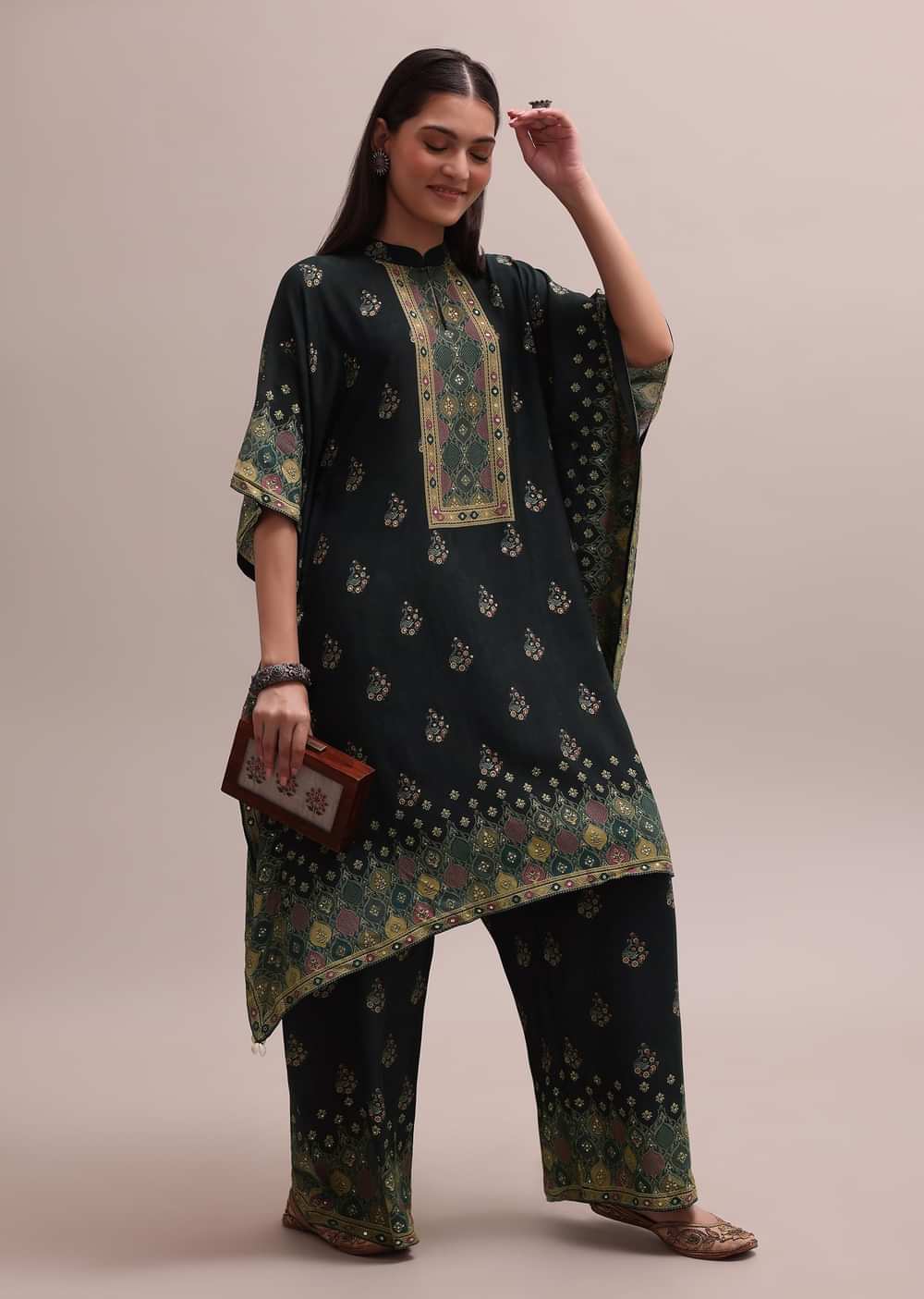 Black Printed Silk Kaftan And Palazzo Co-ord Set With Sequins Embroidery