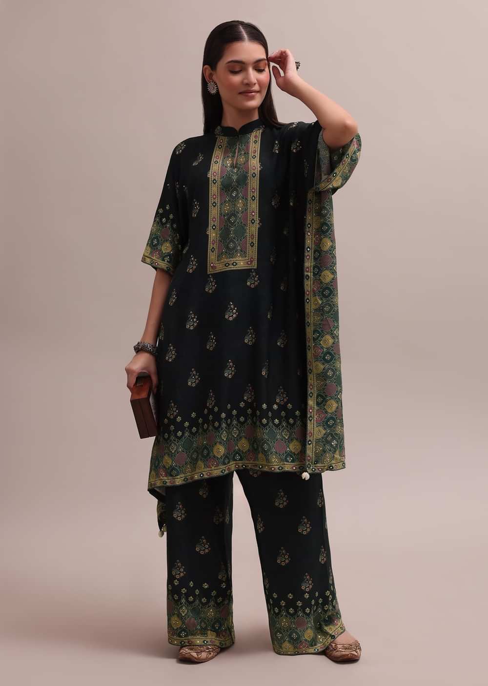 Black Printed Silk Kaftan And Palazzo Co-ord Set With Sequins Embroidery