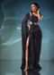 Black Rainbow Sequins Gown With Beads Embroidery, Side Slit And Extended Bell Sleeve