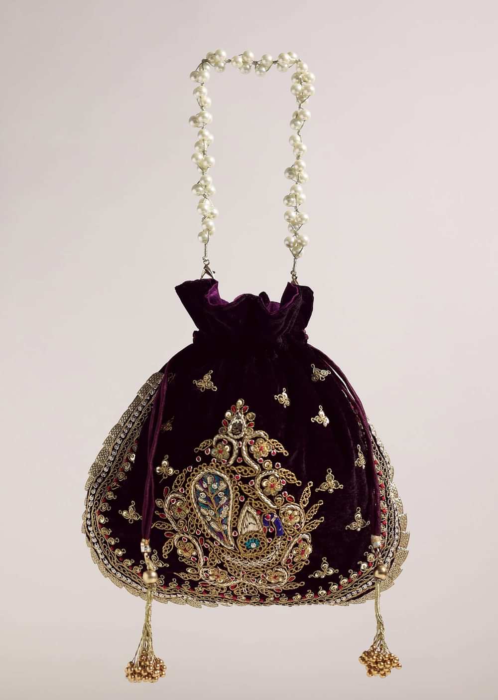 Black Raw Silk Festive Potli Bag With Heavy Motif Detailing