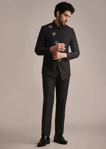 Black Rayon Angrakha Jodhpuri Suit