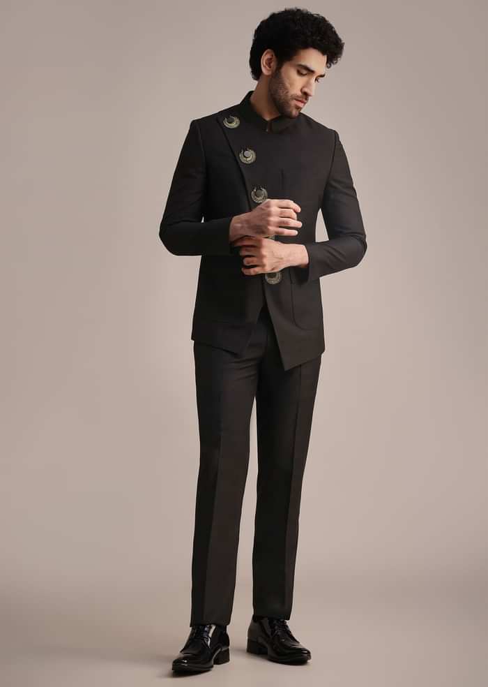 Black Rayon Angrakha Jodhpuri Suit
