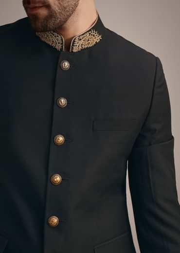 Black Rayon Jodhpuri Suit With Embroidered Collar