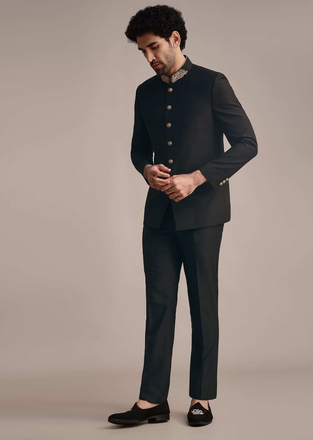 Black Rayon Jodhpuri Suit With Embroidered Collar