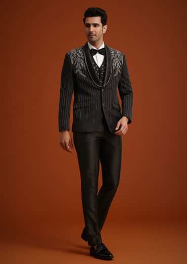 Black Rayon Tuxedo Set With Stone And Cutdana Work