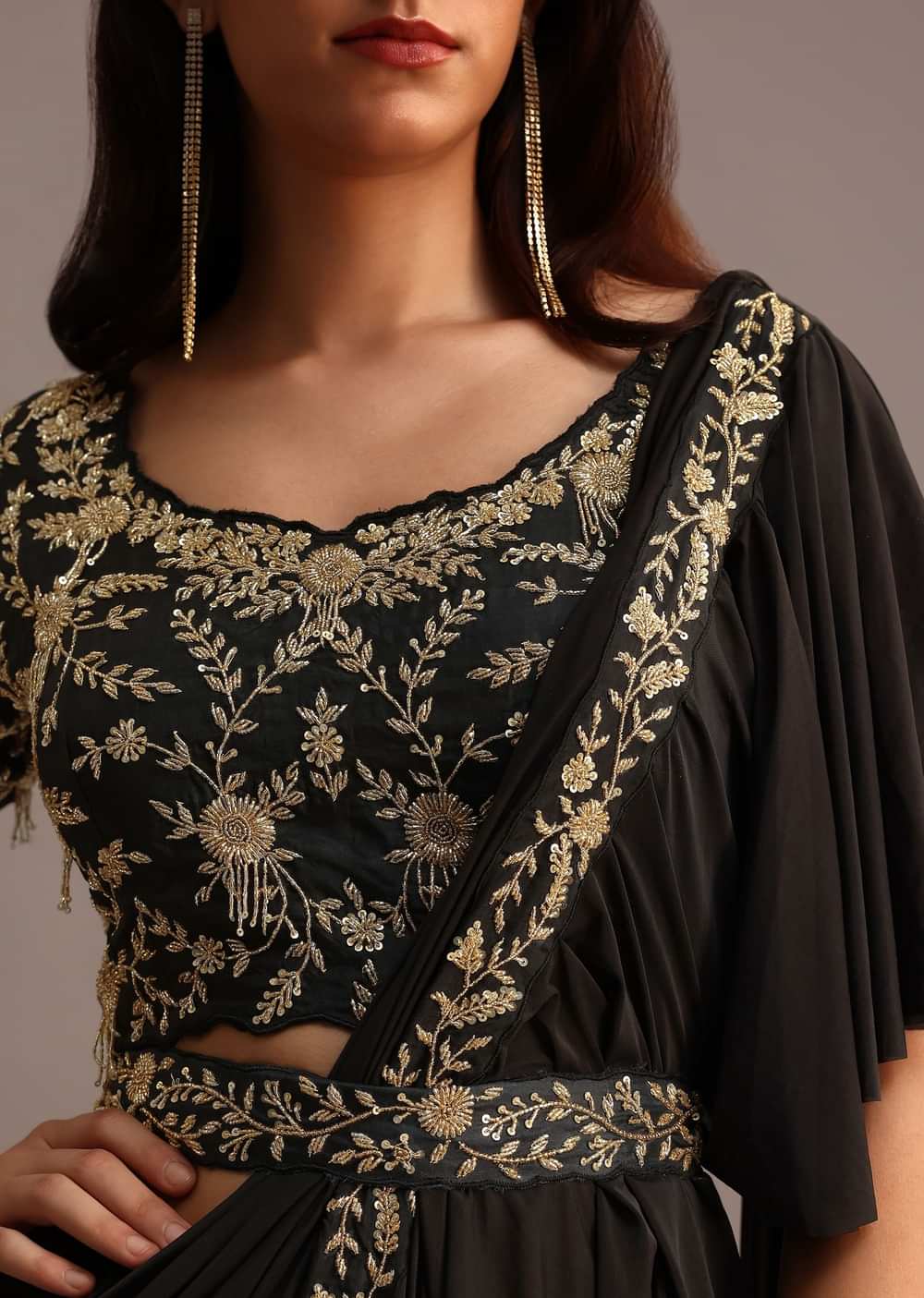 Black Ready Pleated Frills Saree With Embroided Blouse And Belt