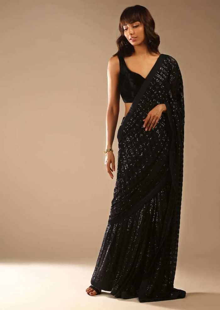 Black Ready Pleated Saree Embellished In Sequins And A Sleeveless Velvet Blouse With A Front Cut Out