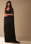 Black Ready Pleated Saree Embellished In Sequins And A Sleeveless Velvet Blouse With A Front Cut Out