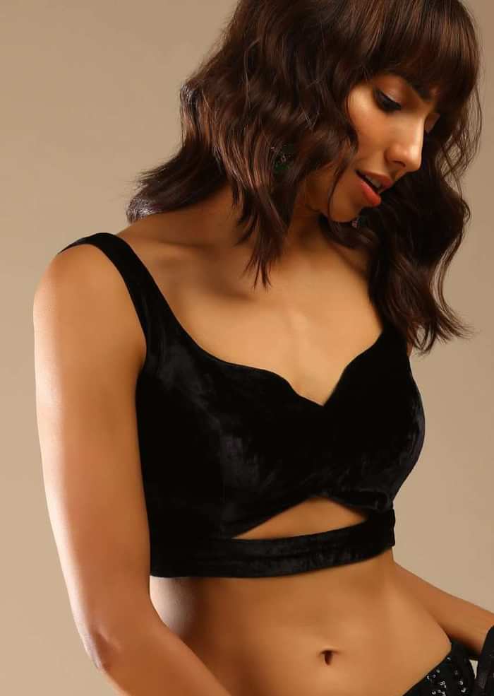 Black Ready Pleated Saree Embellished In Sequins And A Sleeveless Velvet Blouse With A Front Cut Out