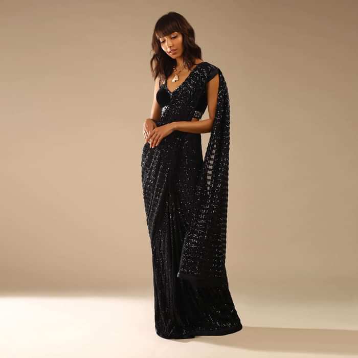 Black Ready Pleated Saree Embellished In Sequins And Sleeveless Velvet Blouse With Cut Out Detailing